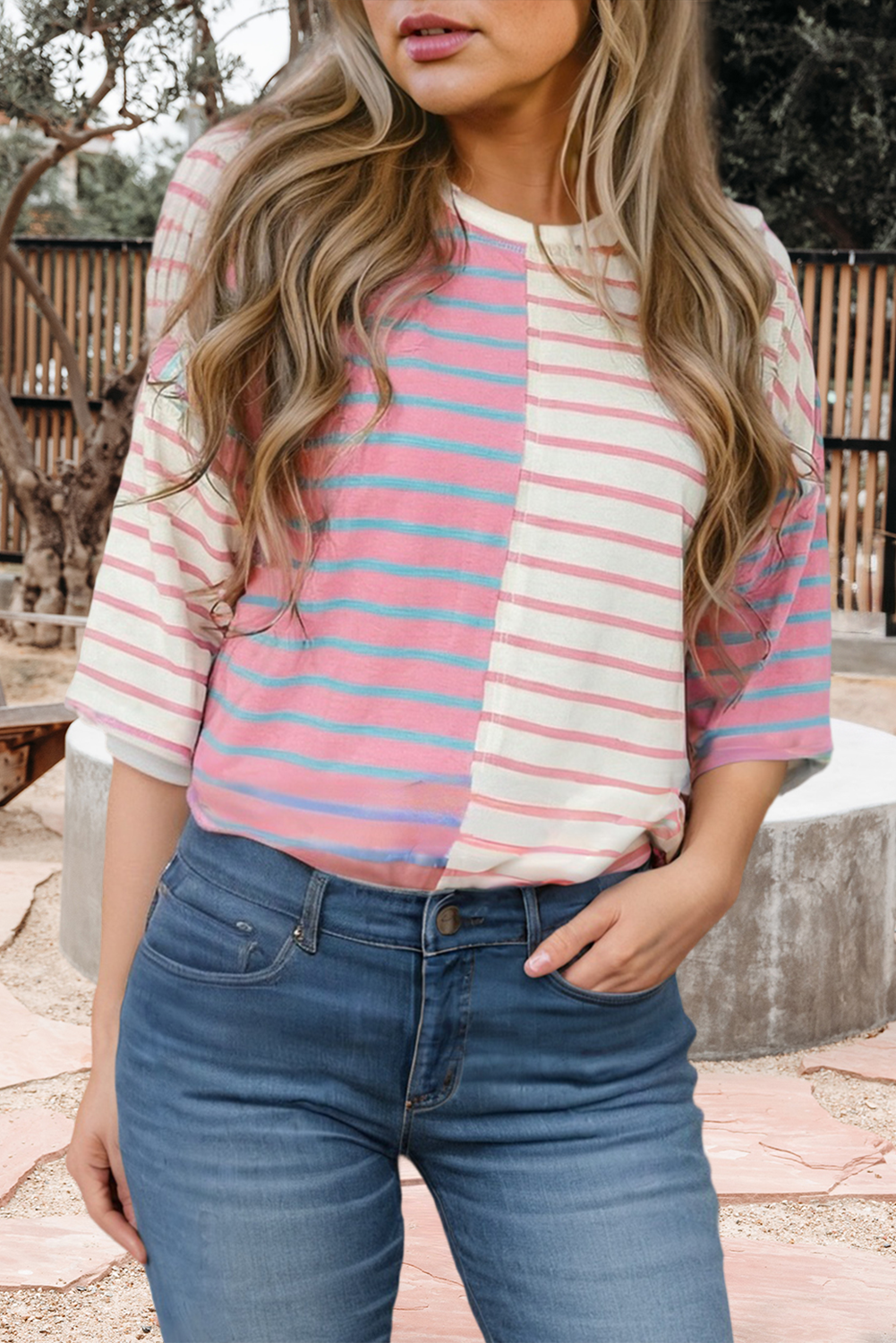 Stripe Colorblock 3/4 Sleeve Loose T Shirt (S-XL)
