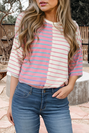 Stripe Colorblock 3/4 Sleeve Loose T Shirt (S-XL)