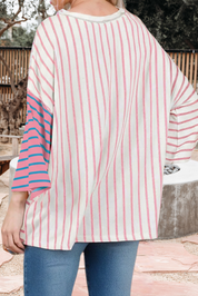 Stripe Colorblock 3/4 Sleeve Loose T Shirt (S-XL)