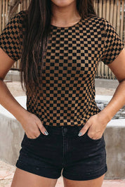Checkerboard Round Neck Summer T Shirt (S-XL)