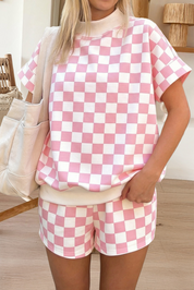 Checkered Print Color Block Trim Mock Neck Short Set (S-XL)