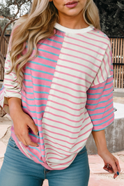 Stripe Colorblock 3/4 Sleeve Loose T Shirt (S-XL)