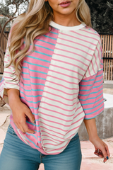 Stripe Colorblock 3/4 Sleeve Loose T Shirt (S-XL)