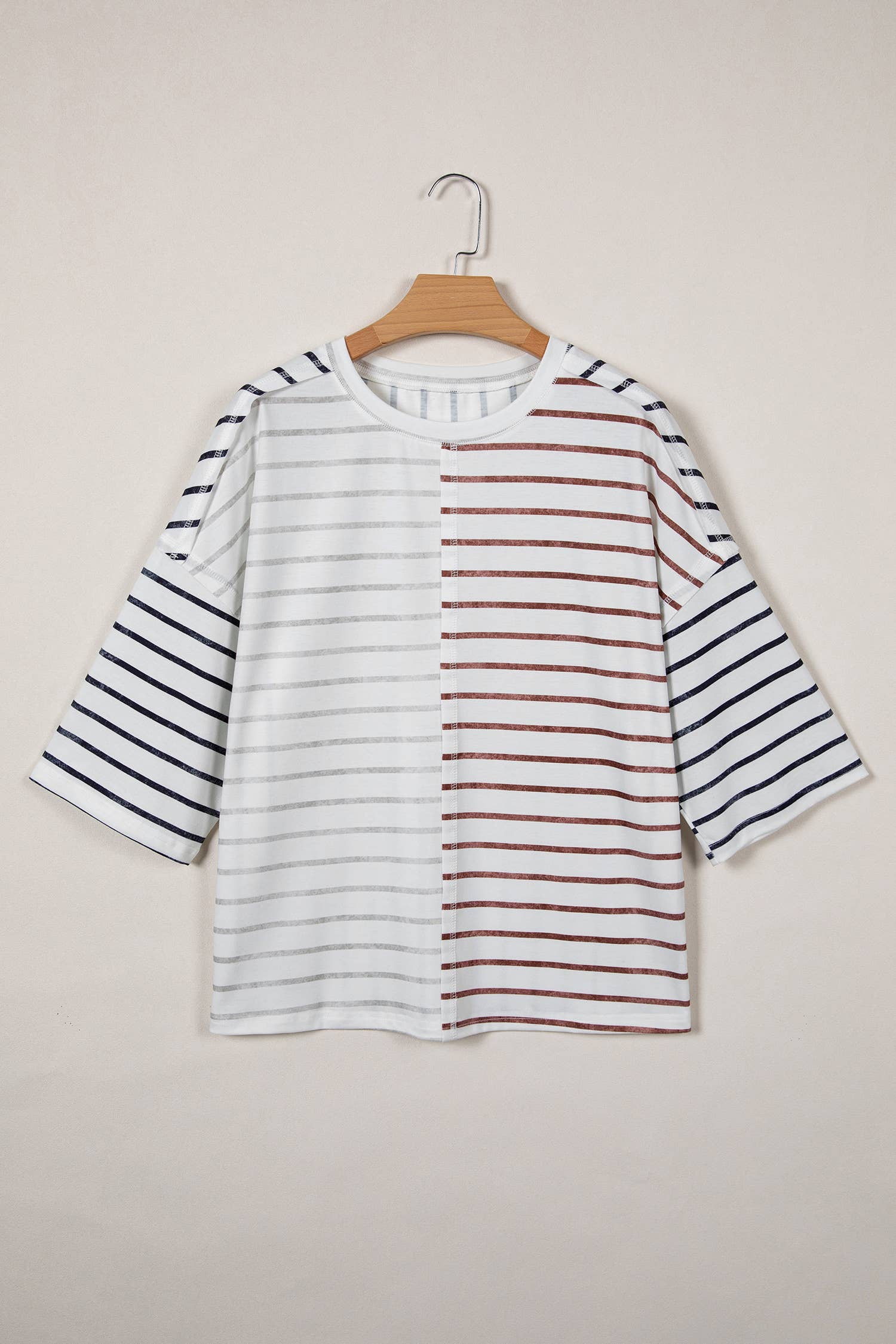 Stripe Colorblock 3/4 Sleeve Loose T Shirt (S-XL)