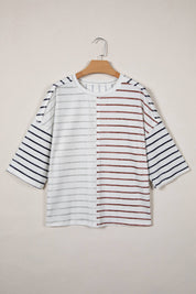 Stripe Colorblock 3/4 Sleeve Loose T Shirt (S-XL)