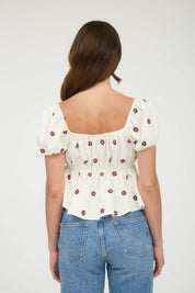 EMBROIDERED DAISY PUFF SLEEVE PLEATED BLOUSE