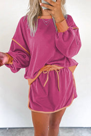 Color Contrast Loose Pullover and Lace-up Waist Skort Set