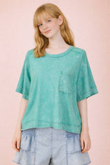 NT11429-Mineral Washed Oversized Crop Comfy Knit Top