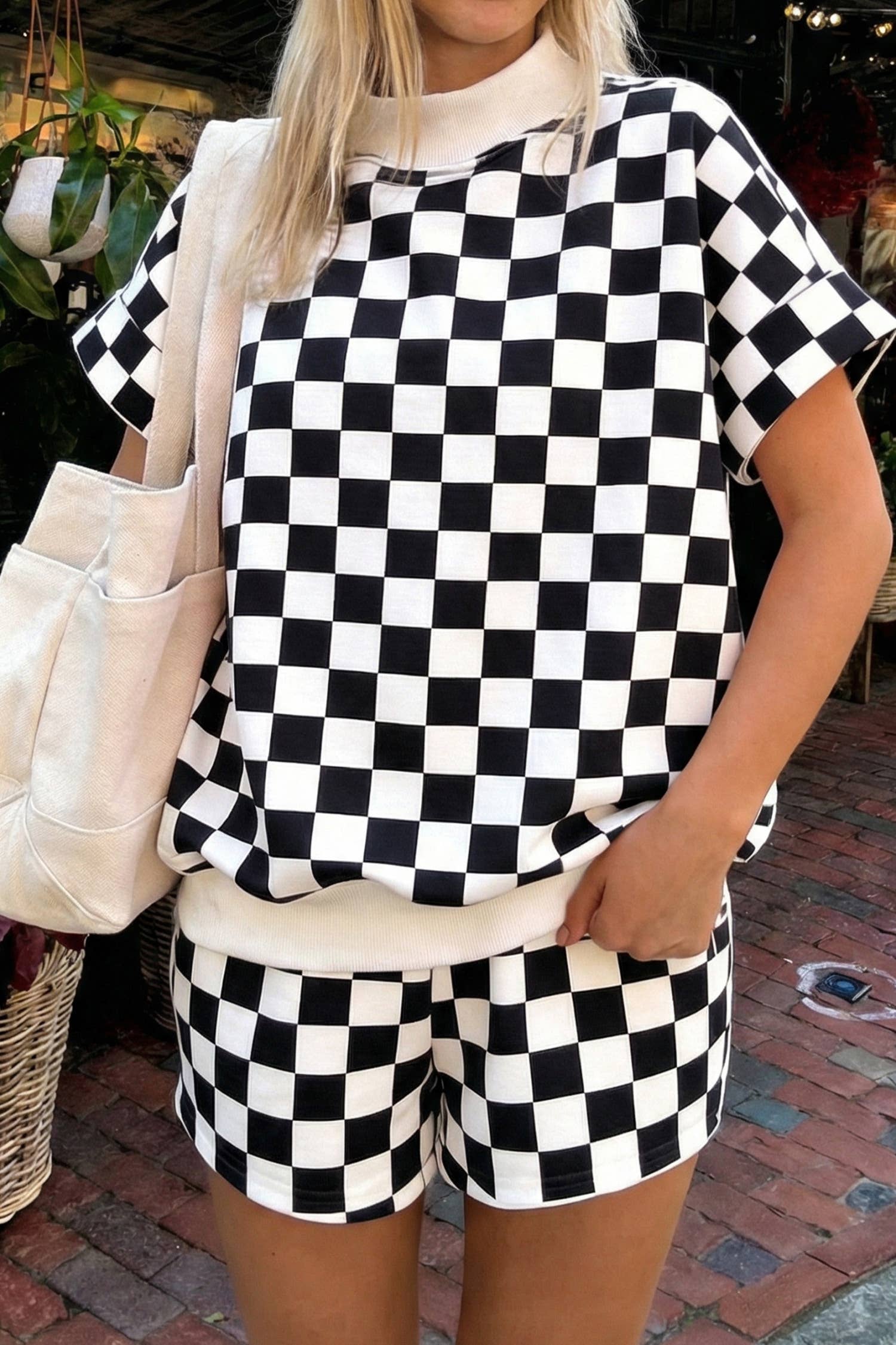 Checkered Print Color Block Trim Mock Neck Short Set (S-XL)