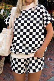 Checkered Print Color Block Trim Mock Neck Short Set (S-XL)