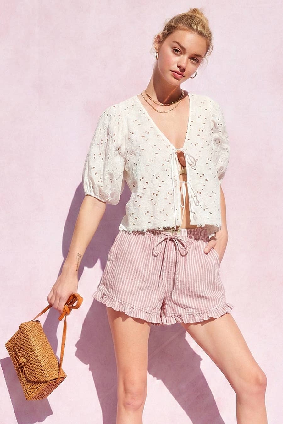 Striped Cotton Ruffle Shorts