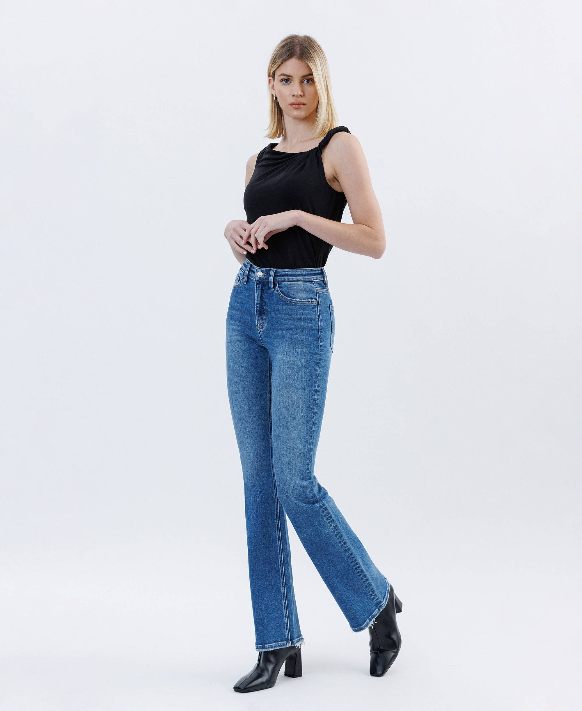 HIGH RISE MEDIUM DARK FULL LENGTH BOOTCUT JEANS F6081