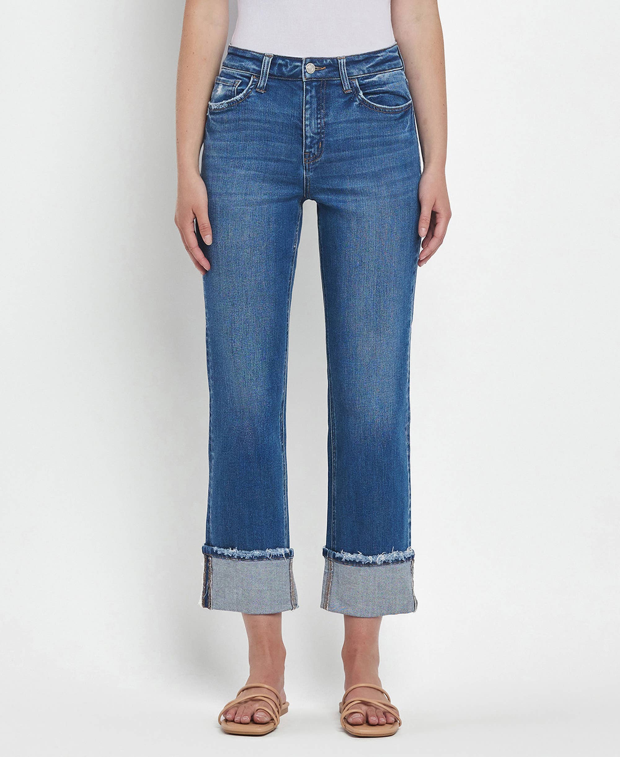 High Rise Dark Rinse Cuffed Jeans