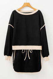 Color Contrast Loose Pullover and Lace-up Waist Skort Set