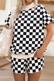 Checkered Print Color Block Trim Mock Neck Short Set (S-XL)