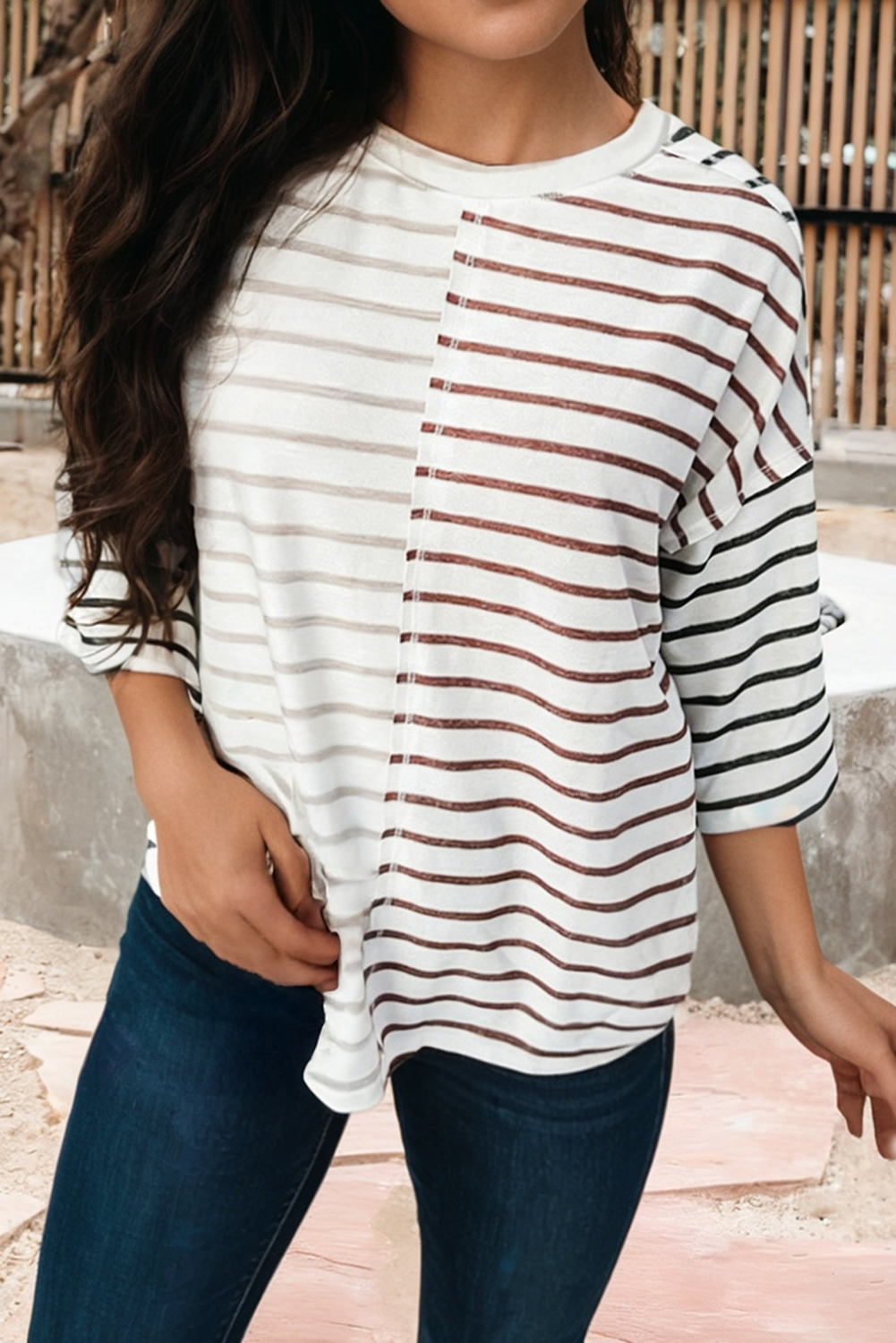 Stripe Colorblock 3/4 Sleeve Loose T Shirt (S-XL)