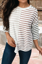 Stripe Colorblock 3/4 Sleeve Loose T Shirt (S-XL)