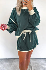 Color Contrast Loose Pullover and Lace-up Waist Skort Set