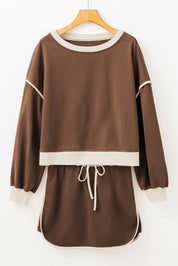 Color Contrast Loose Pullover and Lace-up Waist Skort Set