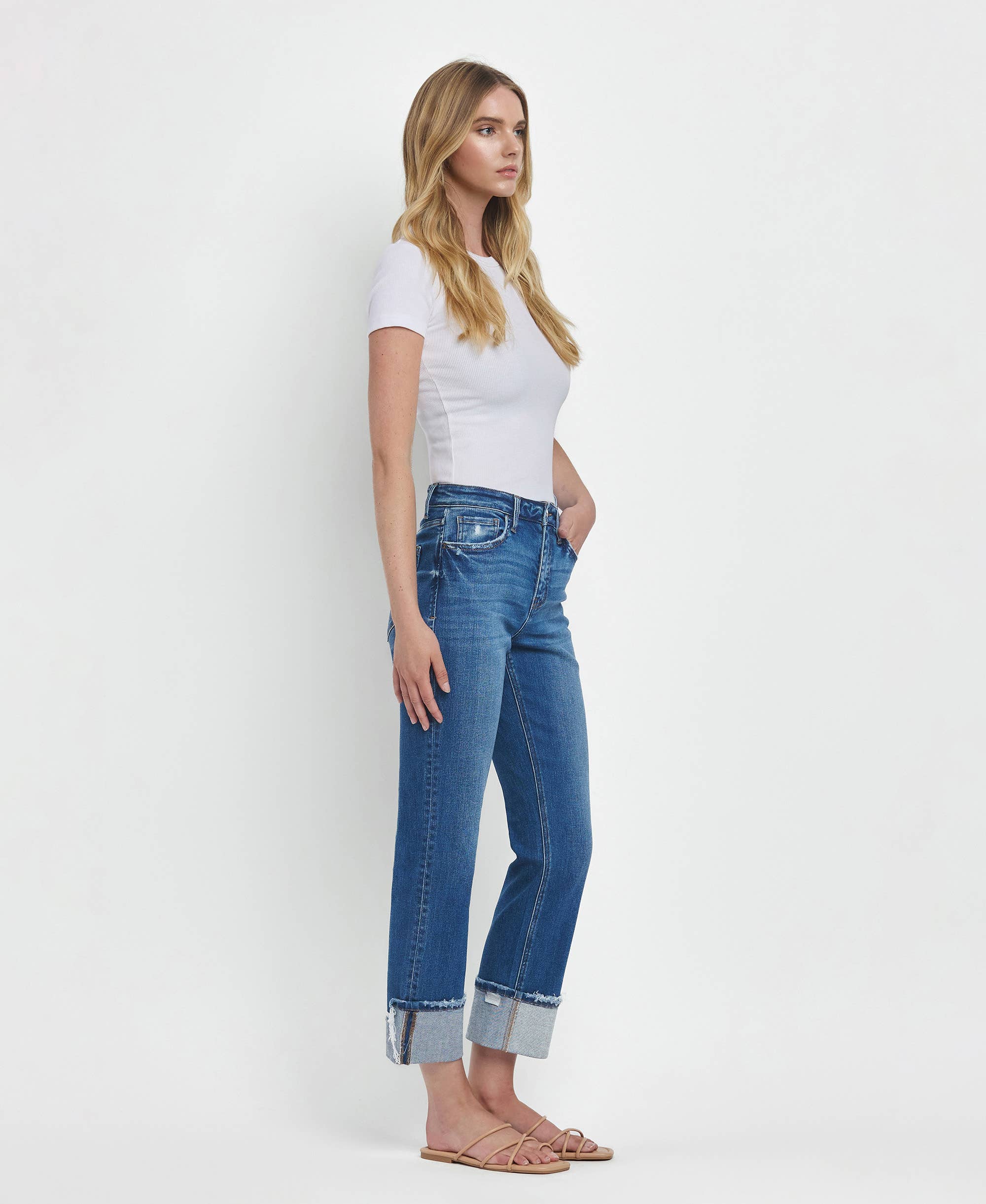 High Rise Dark Rinse Cuffed Jeans
