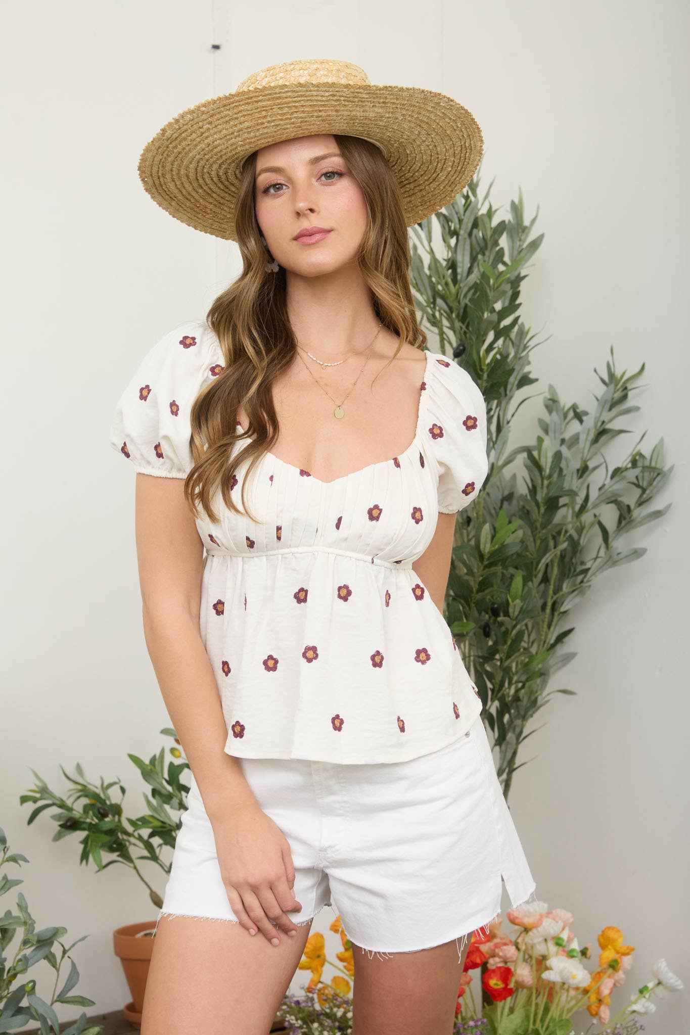 EMBROIDERED DAISY PUFF SLEEVE PLEATED BLOUSE