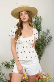EMBROIDERED DAISY PUFF SLEEVE PLEATED BLOUSE