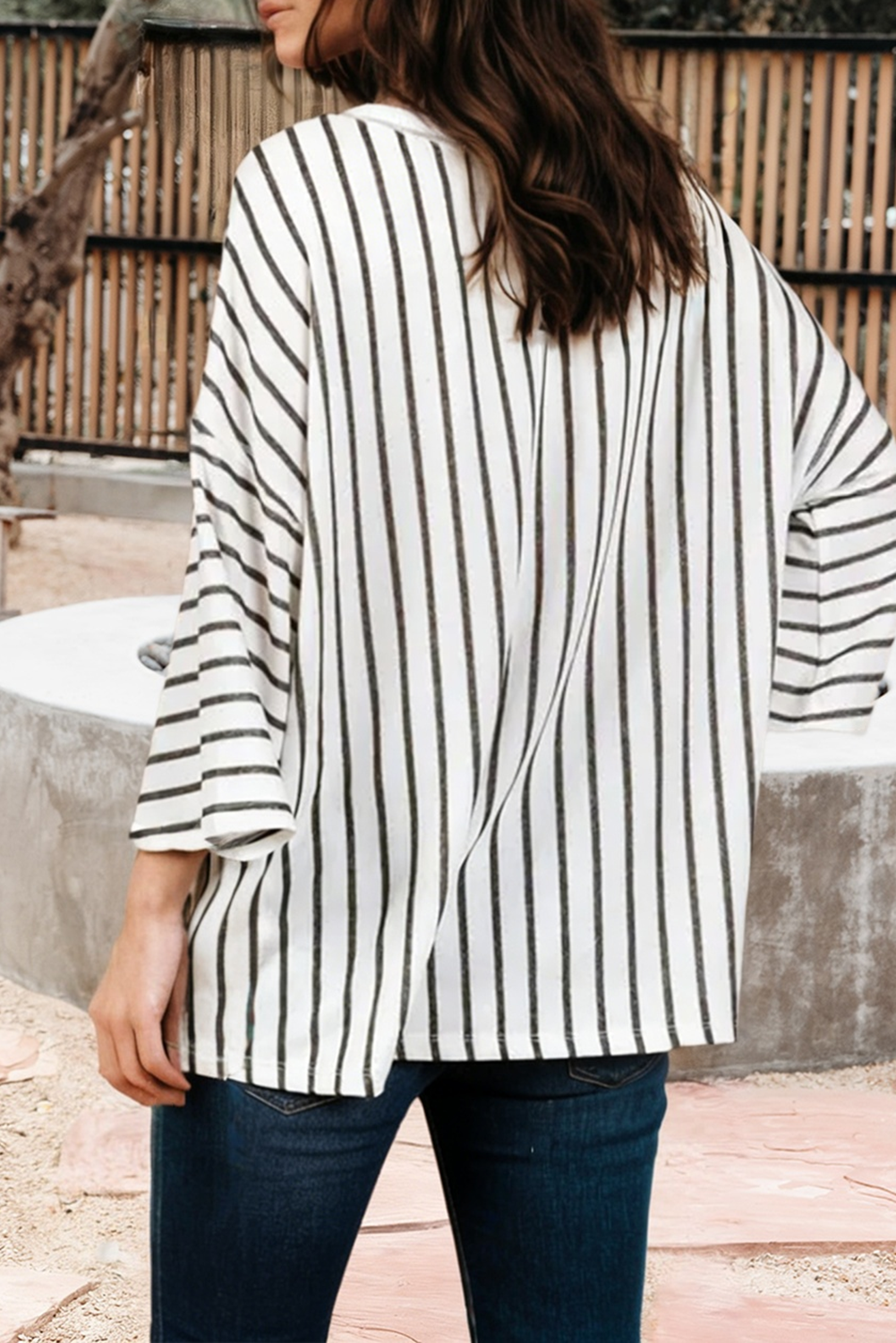 Stripe Colorblock 3/4 Sleeve Loose T Shirt (S-XL)