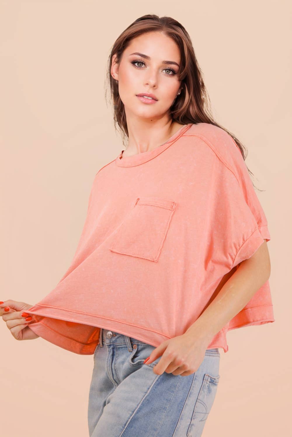 NT11429-Mineral Washed Oversized Crop Comfy Knit Top