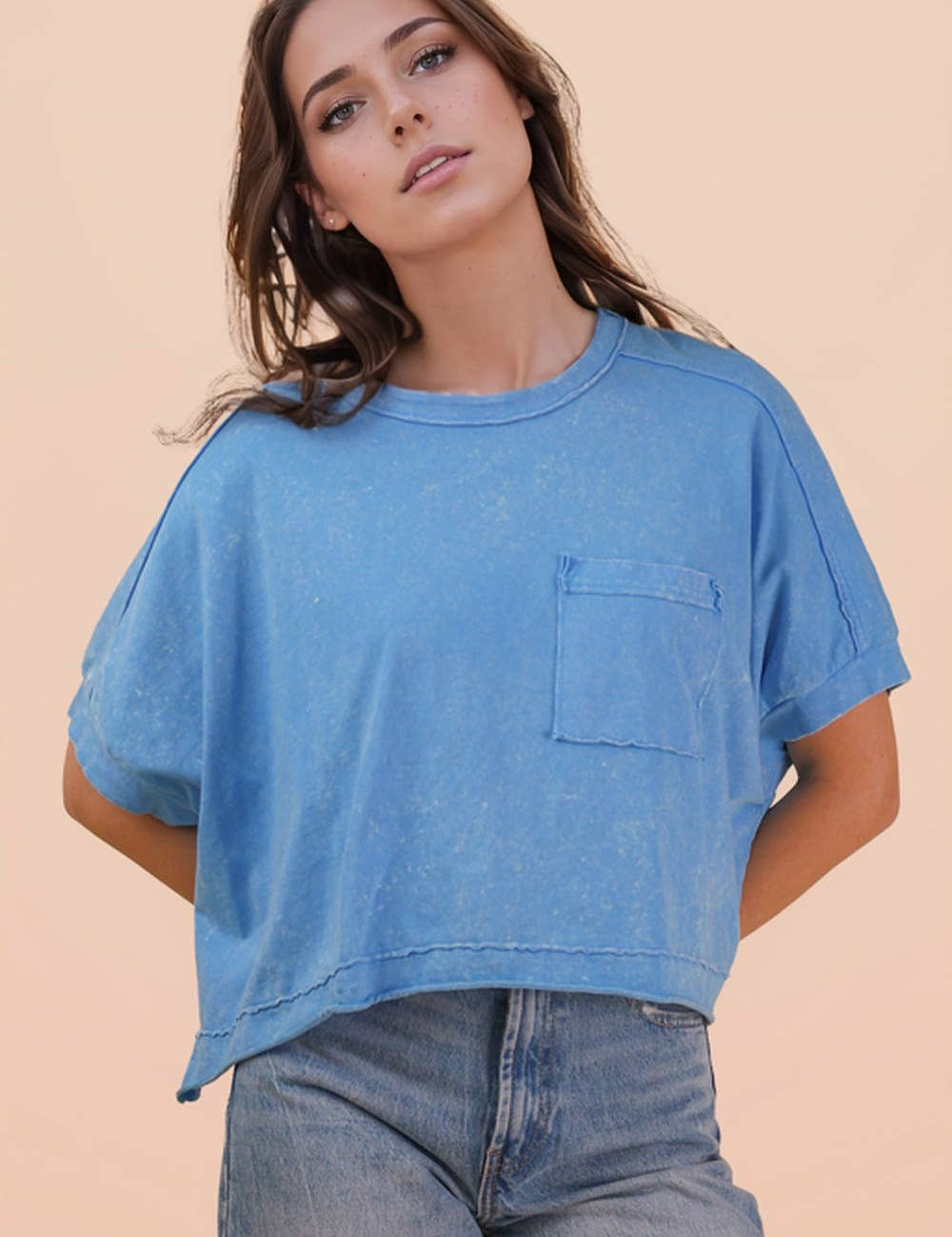 NT11429-Mineral Washed Oversized Crop Comfy Knit Top
