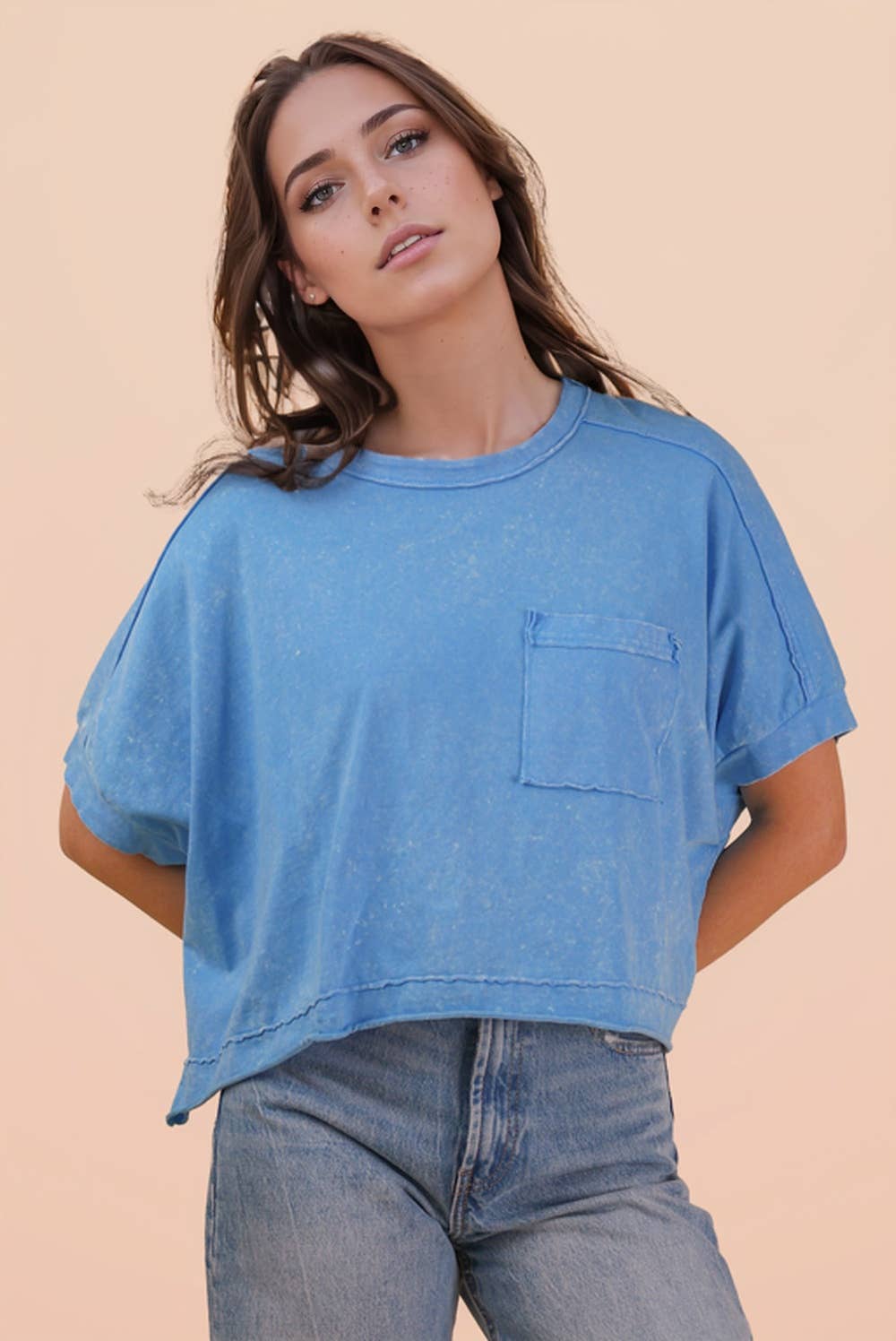 NT11429-Mineral Washed Oversized Crop Comfy Knit Top