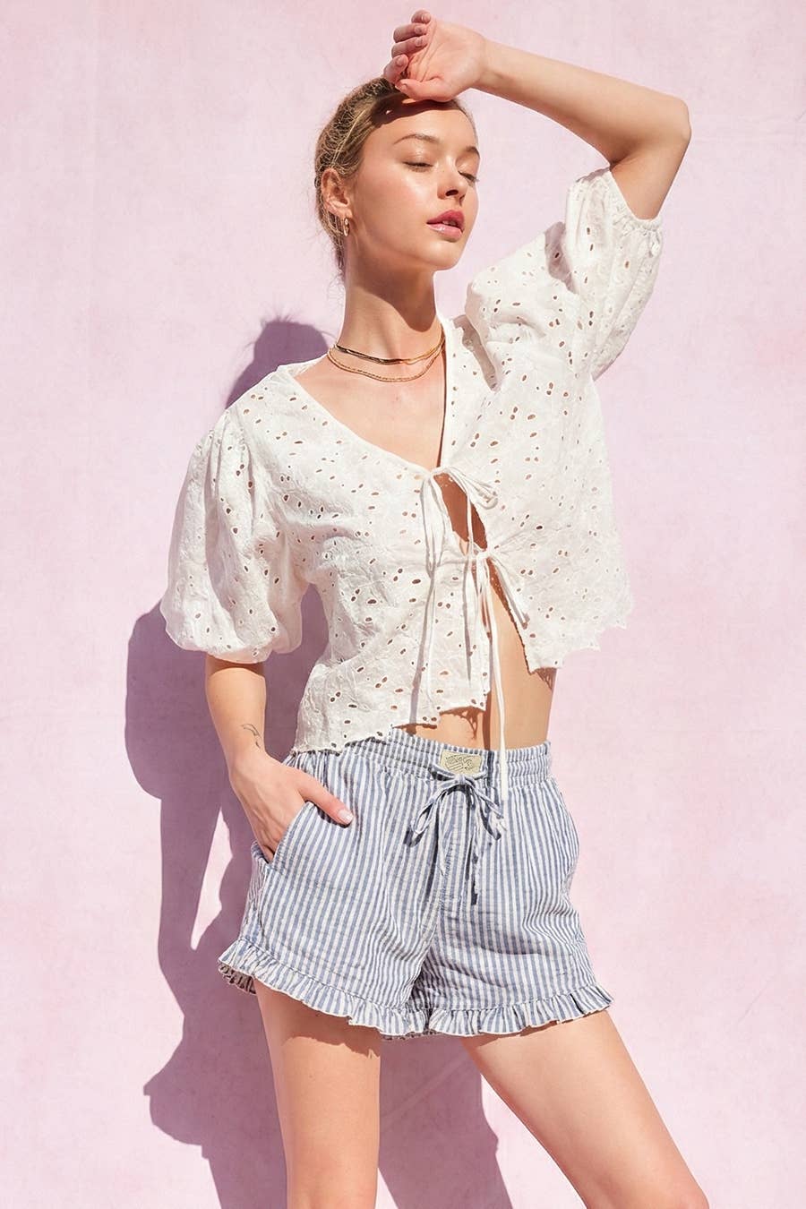 Striped Cotton Ruffle Shorts