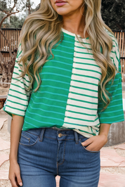 Stripe Colorblock 3/4 Sleeve Loose T Shirt (S-XL)