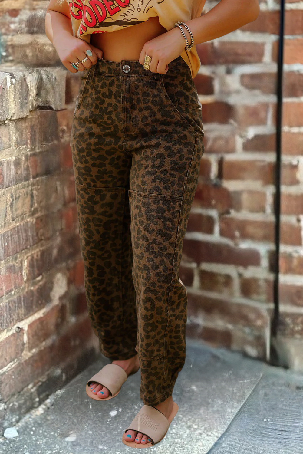Clear Seam Detail Patchwork Leopard Print Jeans
