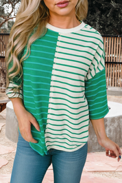 Stripe Colorblock 3/4 Sleeve Loose T Shirt (S-XL)
