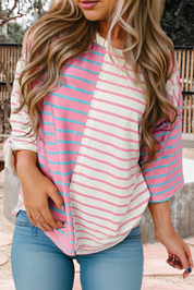 Stripe Colorblock 3/4 Sleeve Loose T Shirt (S-XL)
