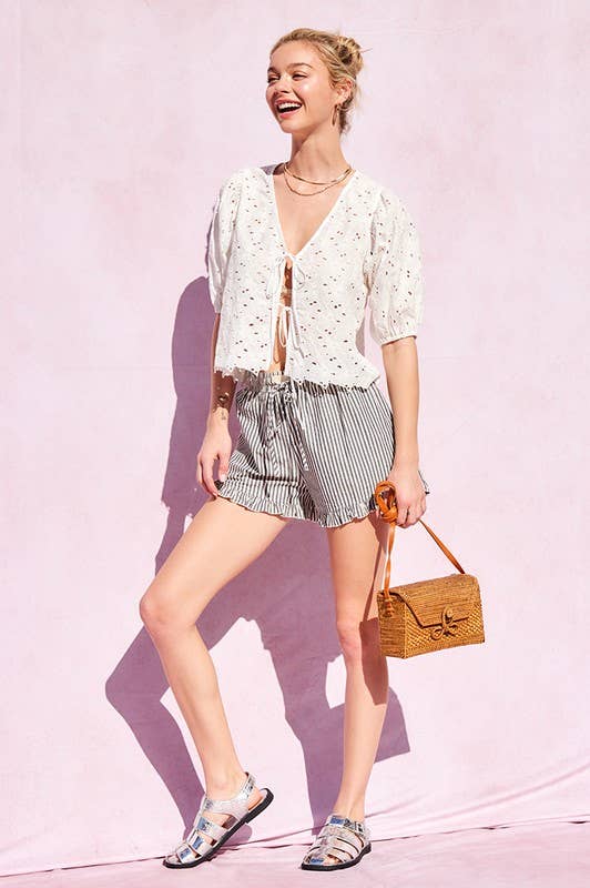 Striped Cotton Ruffle Shorts